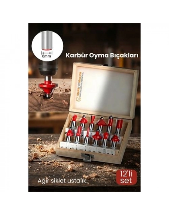 ® Profesyonel 12li Ahşap Freze Ucu Seti 8mm Şaft | Rulmanlı Karbür Oyma Bıçakları Ahşap Kutulu