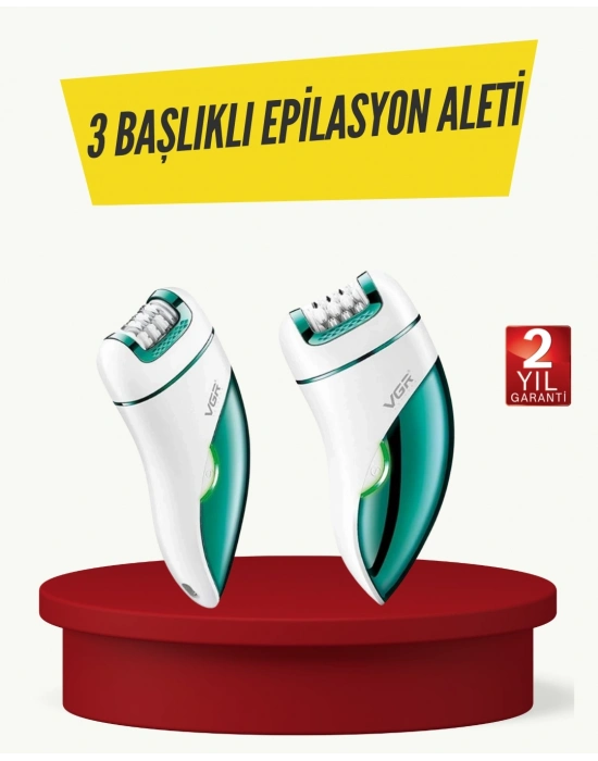 ® Profesyonel 3 in 1 Epilasyon Cihazı LED Aydınlatmalı Suya Dayanıklı Şarjlı VGR Epilatör