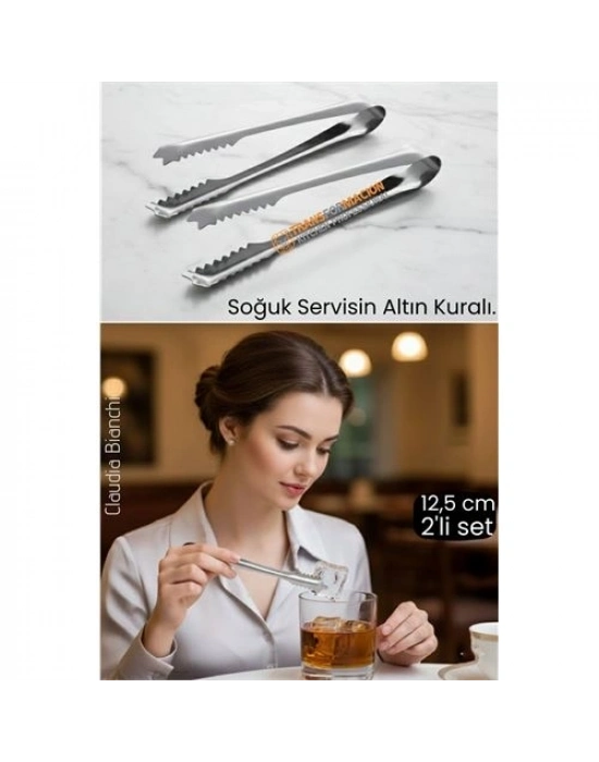® Profesyonel Bar Serisi 2li Paslanmaz Çelik Buz Maşası Seti | Kokteyl & Sunum İçin Kaydırmaz Kavrama