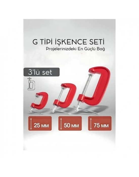 ® Profesyonel G Tipi İşkence Seti 3lü: 25-50-75 mm Döküm Metal Ağaç İşleme ve Montaj Kelepçesi Takımı