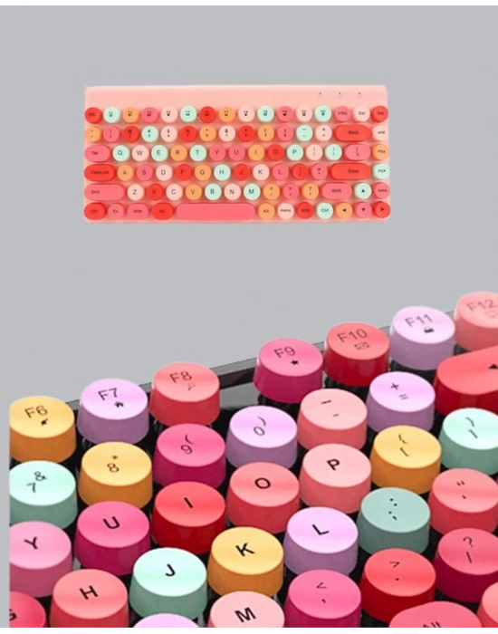 ® Renkli Retro Tuş Takımlı Klavye – 3 Cihaz Bağlantısı, Medya Kısayol Tuşları