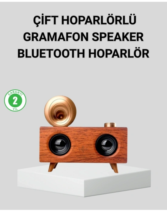 Retro Gramafon Bluetooth Hoparlör Çift Stereo Sesli FM Radyo Destekli