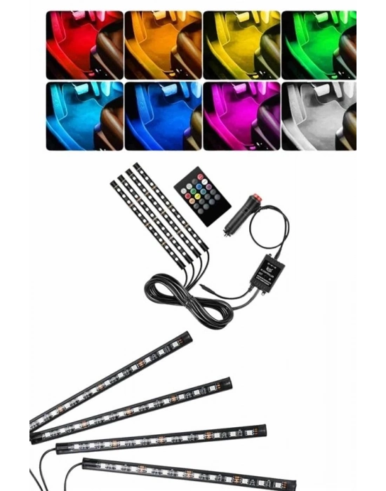® RGB Işıklı Araç İçi Aydınlatma Kumandalı 12li Led Işık Renk Değiştirebilen