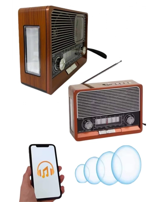 ® Saatli Fenerli Bluetooth Nostaljik Radyo AUX SD USB Girişli Bluetooth Hoparlör