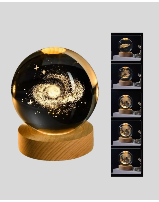 ® Samanyolu Desenli Kristal Küre Ahşap Standlı Gün Işığı LED Masa Lambası