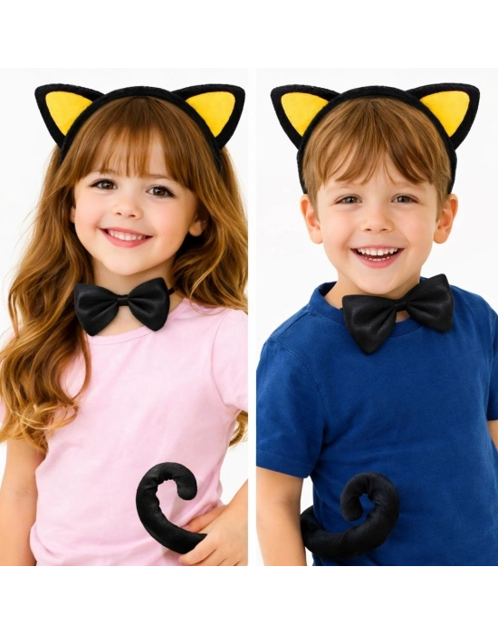 Sarı Kulaklı Kedi Kostüm Seti – Taç Papyon Kuyruk 3 Parça
