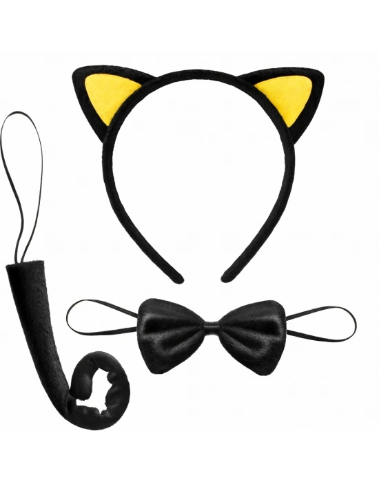 Sarı Kulaklı Kedi Kostüm Seti – Taç Papyon Kuyruk 3 Parça
