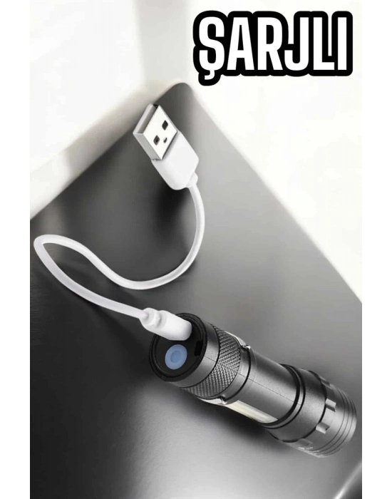 ® Şarjlı Metal Zoomlu El Feneri Işıldak Led Işık Taşınabilir El Lambası