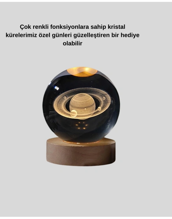 ® Satürn Desenli Kristal Küre LED Gece Lambası Ahşap Standlı