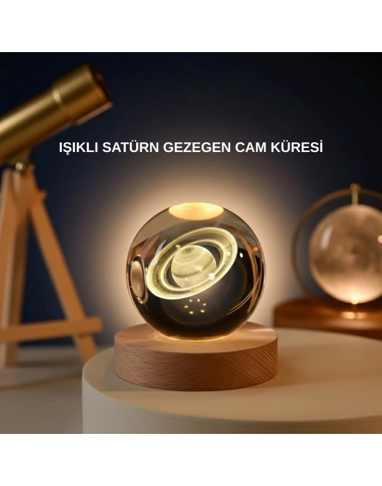 ® Satürn Gezegenli Kristal Küre LED Lamba USB’li Ahşap Standlı