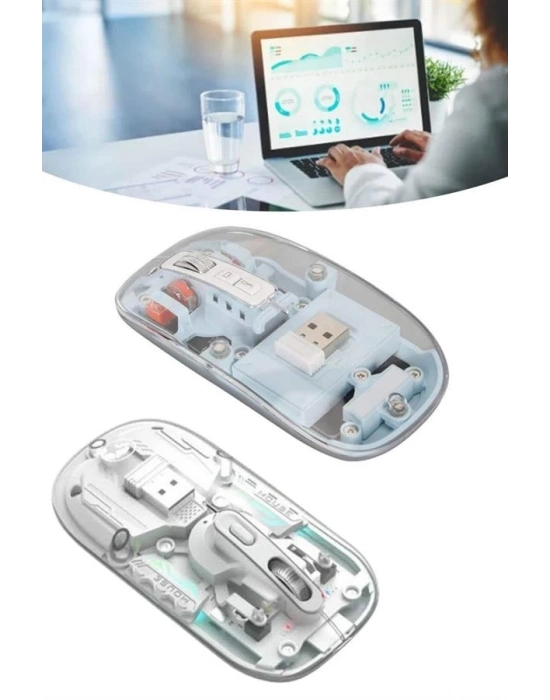 Sessiz Tıklama Çift Modlu Bluetooth Ve Alıcı Şeffaf Mouse Fare