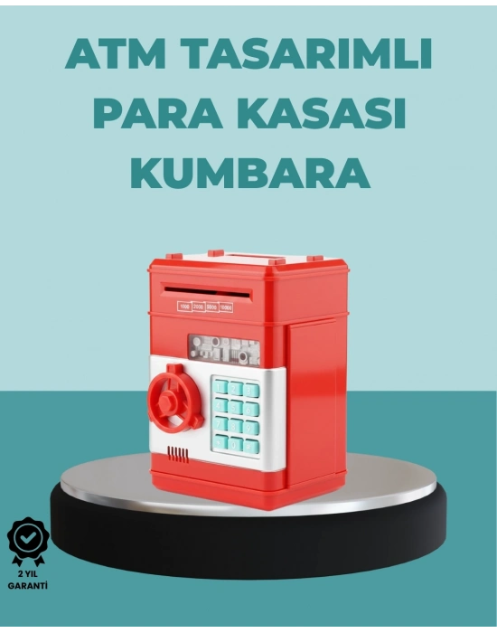 Şifreli Kırmızı ATM Tasarımlı Çelik Kasa Görünümlü Kumbara