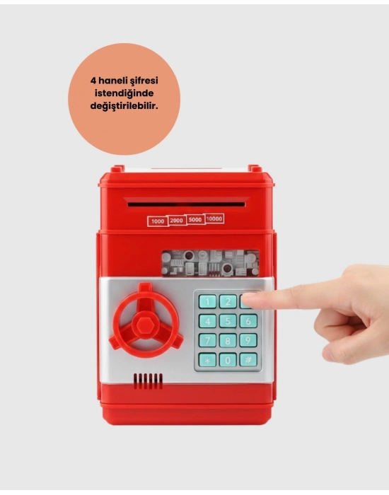 Şifreli Kırmızı ATM Tasarımlı Çelik Kasa Görünümlü Kumbara