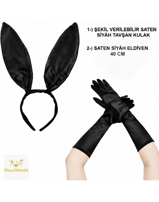 Siyah Parlak Tavşan Kulak ve 40 cm Parlak Siyah Eldiven Kostüm Seti