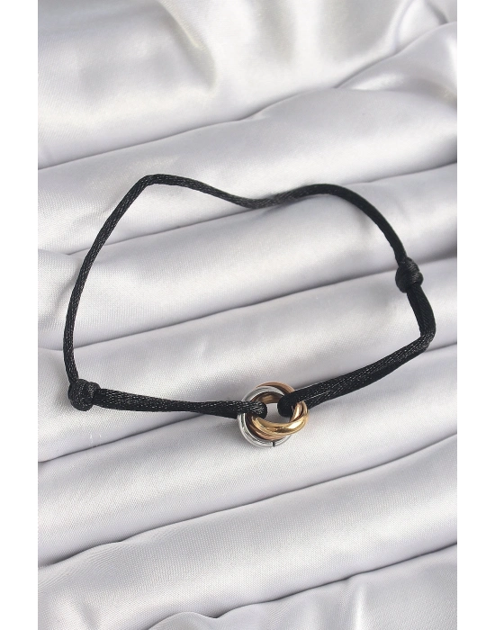 ® Siyah Renk İpli Asansörlü Mix Renk Çelik Halka Model Kadın Bileklik