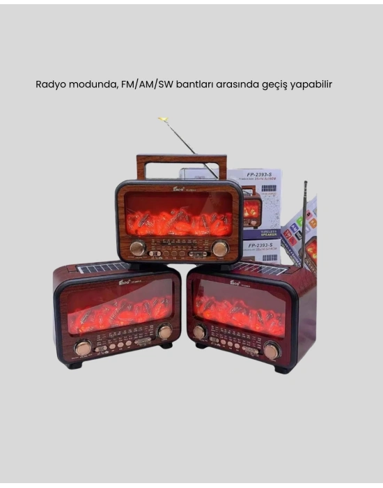 ® Şömine Efektli Solar Hoparlör Bluetooth 5.3 Radyo AUX USB TF Destekli