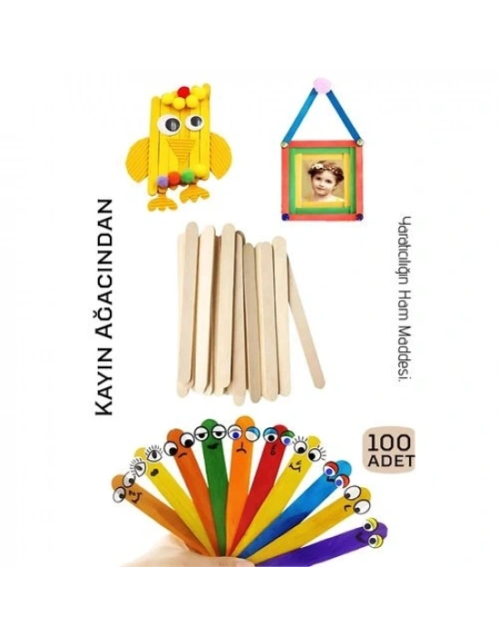 ® Steril Ahşap Boyanabilir Oyun Çubukları 100 Adet  Pürüzsüz Dokulu  Dayanıklı 9 cm