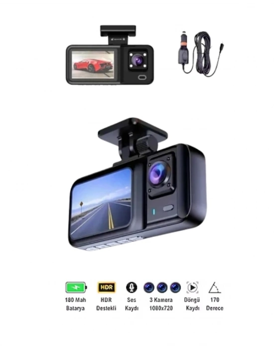 ® Sürüş ve Park Halinde Kesintisiz Güvenlik İçin 3 Kameralı Profesyonel Dashcam