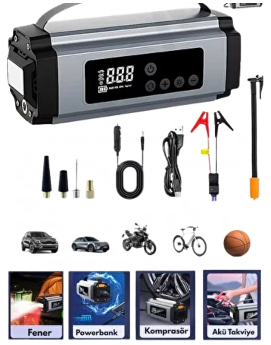 ® Taşınabilir Akü Takviye Cihazı Dijital Hava Kompresörü Powerbank ve LED Fener Bir Arada