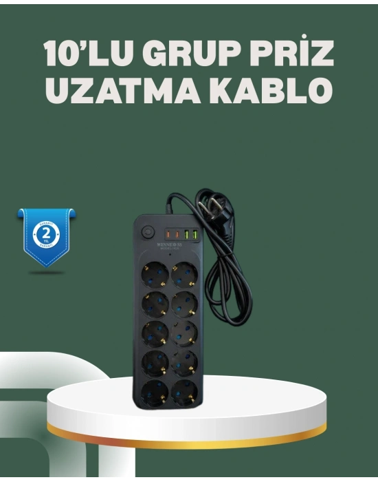 ® Termal Koruma Sistemli USB Type-C 10’lu Grup Priz 2m 2500W Güç Kapasiteli