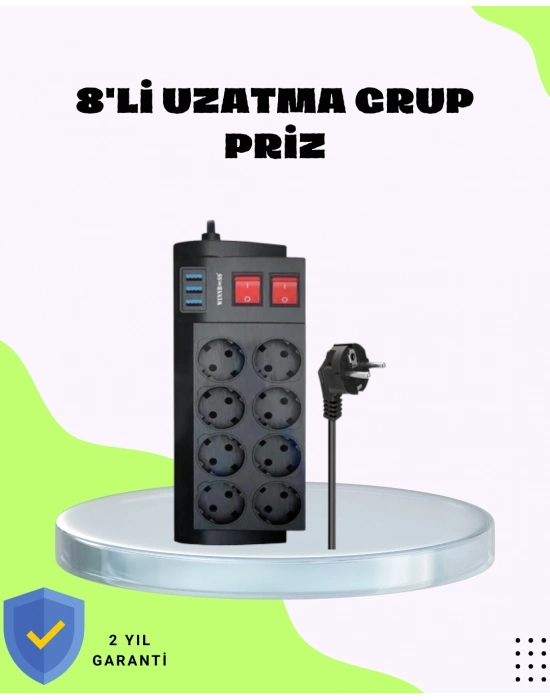 ® Termal Korumalı 8 Prizli 3 USB’li Uzatma Kablosu