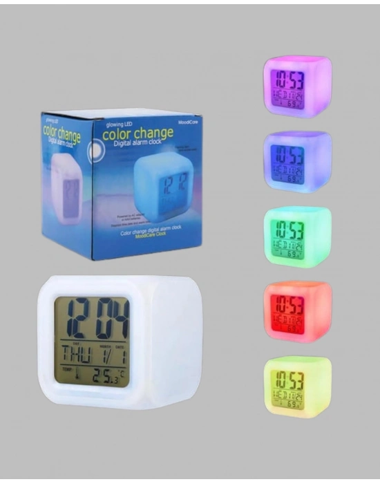 ® Termometre ve Takvim Özellikli 7 Renk Değiştiren Küp Alarm Saati