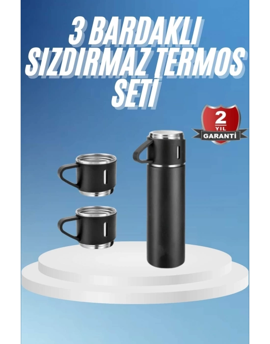 ® Termos Paslanmaz Çelik Termos Siyah Renk 3 Bardaklı Termos Seti