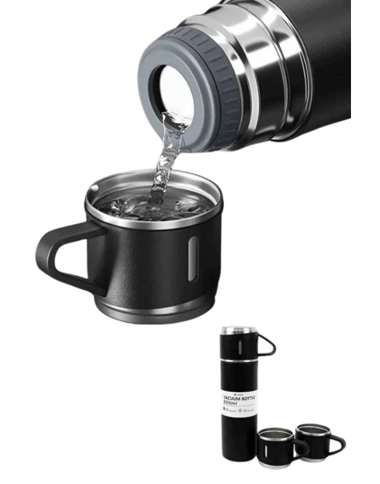 ® Termos Paslanmaz Çelik Termos Siyah Renk 3 Bardaklı Termos Seti