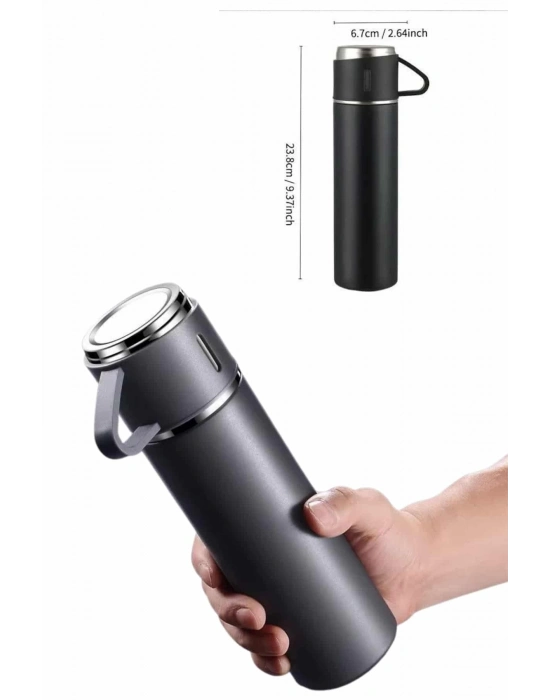 ® Termos Paslanmaz Çelik Termos Siyah Renk 3 Bardaklı Termos Seti