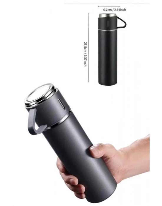 Termos Paslanmaz Çelik Termos Siyah Renk 3 Bardaklı Termos Seti