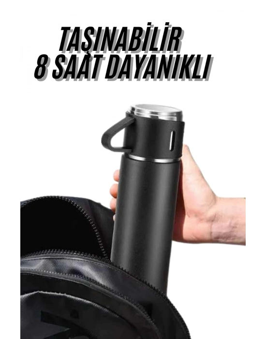 ® Termos Seti 3lü Bardak Seti Isı Dayanıklı Siyah Paslanmaz Çelik Vakumlu