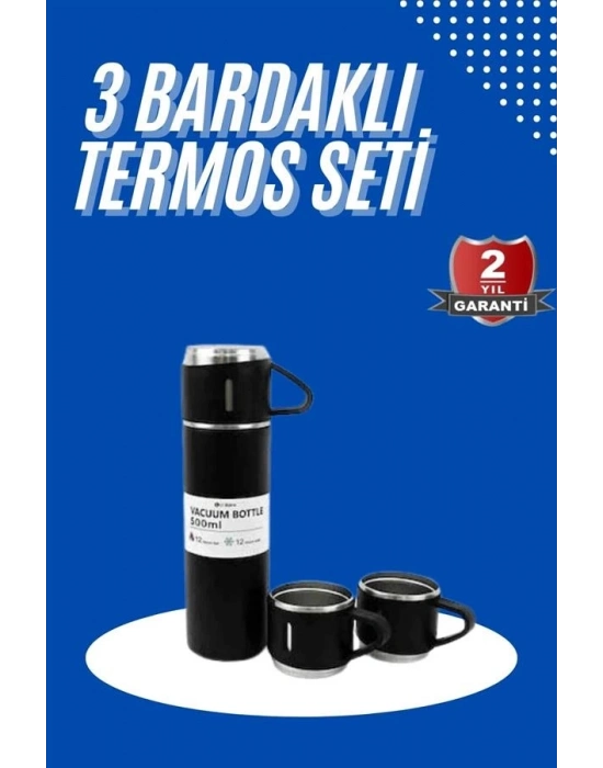 ® Termos Seti 3lü Bardak Seti Isı Dayanıklı Siyah Paslanmaz Çelik Vakumlu