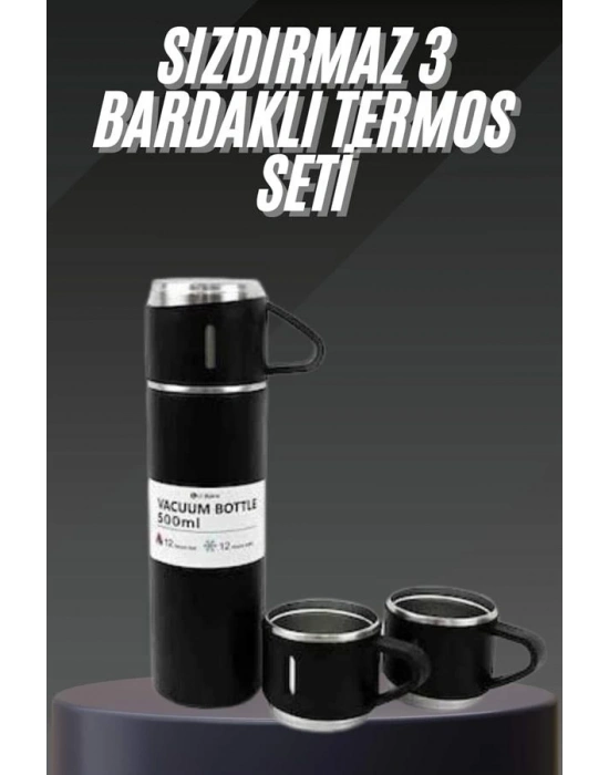 ® Termos Seti Paslanmaz Çelik 3 Bardaklı Vakumlu Termos Set 500 Ml 12 Saate Kadar Isı Koruma