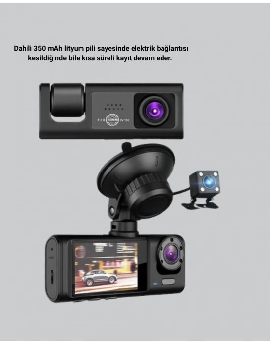 ® Üç Kameralı Araç DVR Full HD Gece Görüşlü ve 2 inç IPS Ekranlı