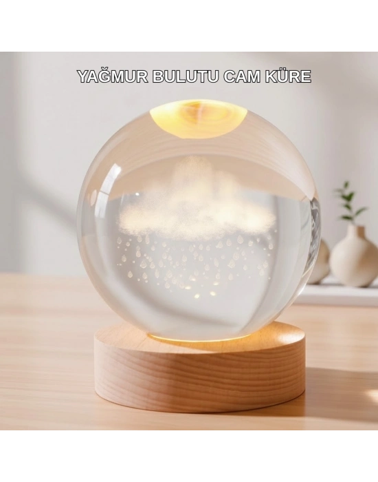 ® USB Bağlantılı 3D Kristal Yağmur Bulutu Lamba Ahşap Tabanlı Dekoratif Aydınlatma