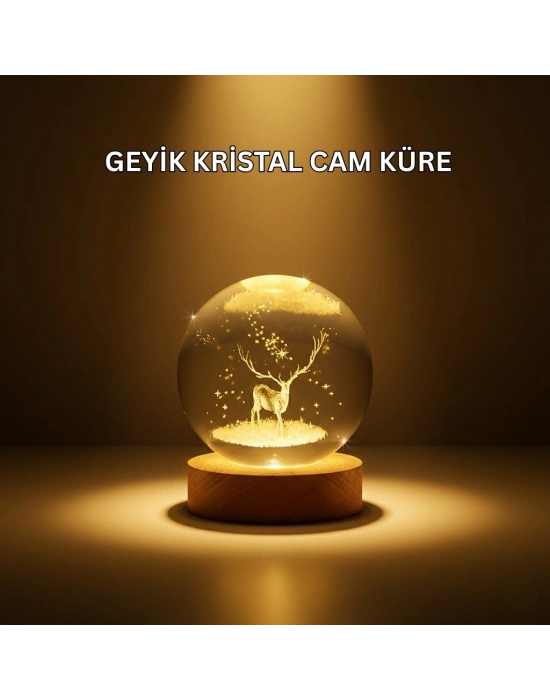 ® USB Bağlantılı Geyik Temalı Kristal Küre Premium Masa Gece Lambası