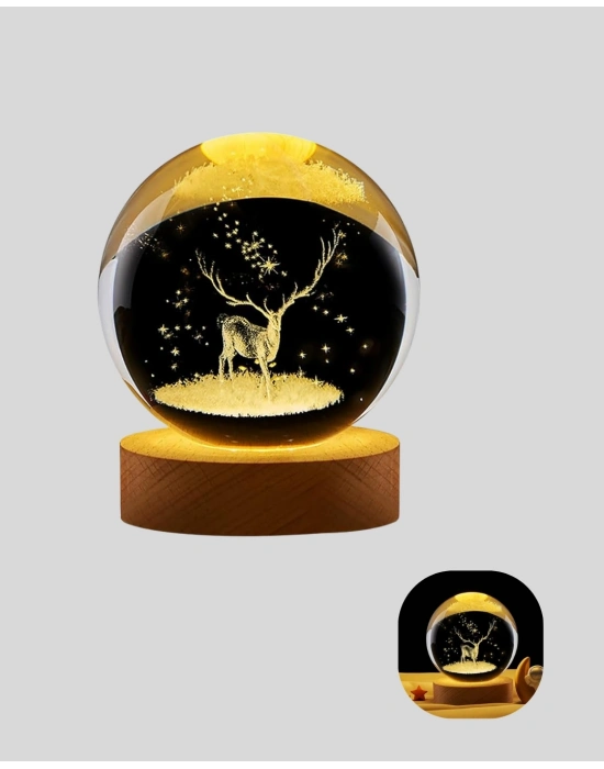 ® USB Bağlantılı Geyik Temalı Kristal Küre Premium Masa Gece Lambası