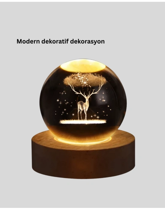 ® USB Bağlantılı Geyik Temalı Kristal Küre Premium Masa Gece Lambası