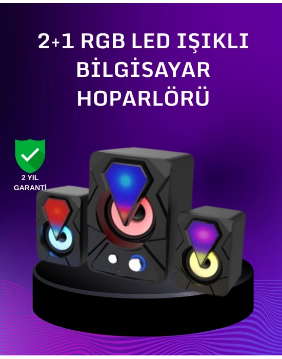 ® USB Bağlantılı RGB 2.1 Hoparlör Seti Derin Bas ve Renkli Işık