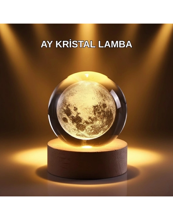 ® USB Işıklı Ay Kristal Küre 3D Oyma Tasarım Ahşap Standlı Gece Lambası