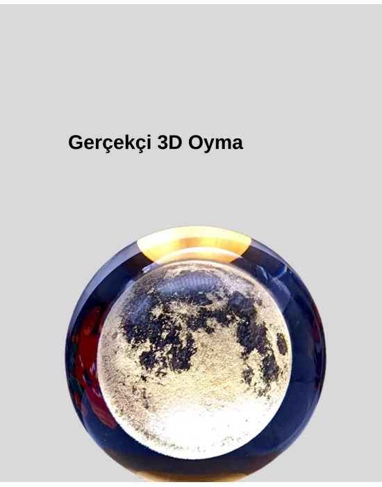® USB Işıklı Ay Kristal Küre 3D Oyma Tasarım Ahşap Standlı Gece Lambası