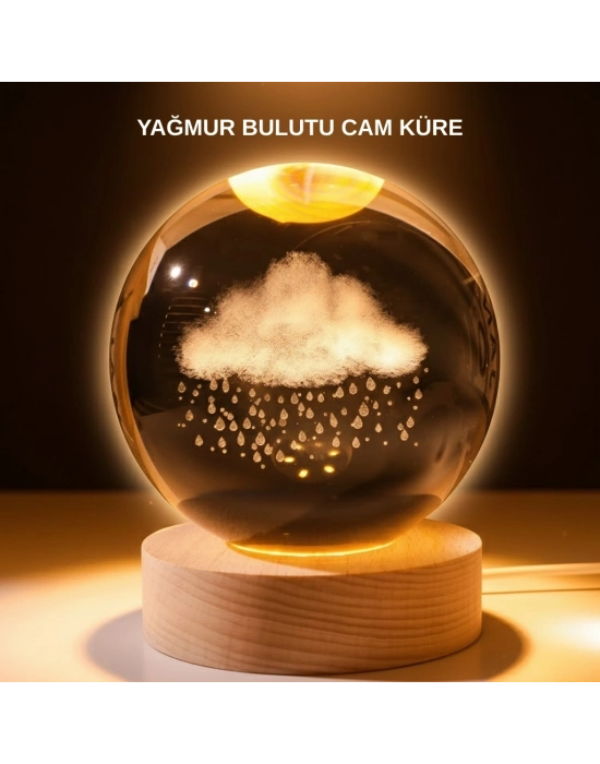 ® USB LED 3D Yağmur Bulutu Kristal Küre Sıcak Işıklı Ahşap Standlı Gece Lambası