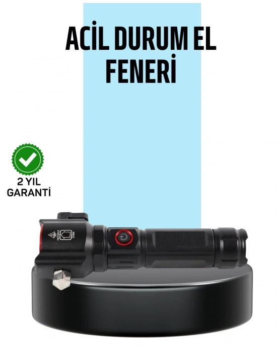 ® USB Şarjlı Çok Amaçlı El Feneri Çekiçli Pusulalı