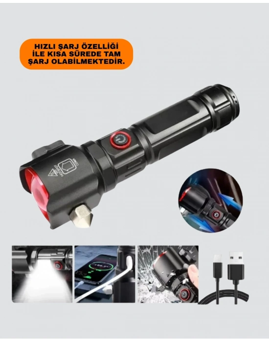 ® USB Şarjlı Çok Amaçlı El Feneri Çekiçli Pusulalı