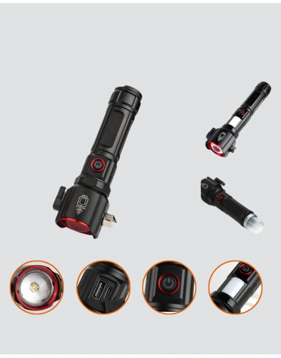 ® USB Şarjlı Çok Amaçlı El Feneri Çekiçli Pusulalı
