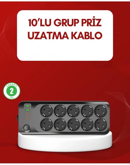 ® USB Type-C Destekli 10’lu Grup Priz Termal Korumalı 2m Kablo 2500W