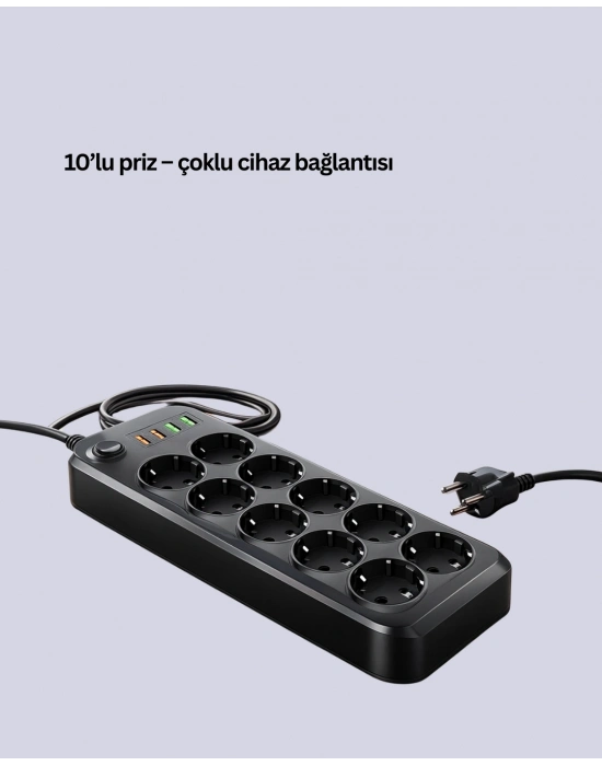 ® USB Type-C Destekli 10’lu Grup Priz Termal Korumalı 2m Kablo 2500W
