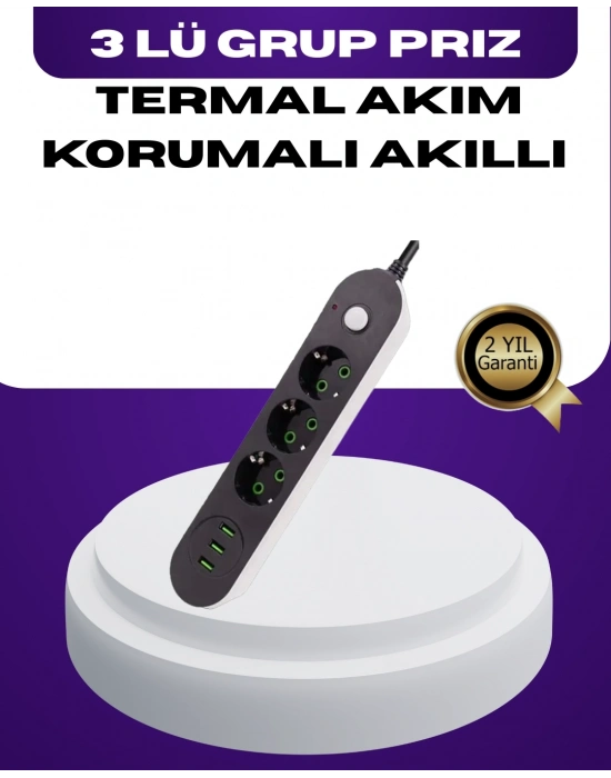 USB Yuvalı Anahtarlı Üçlü Priz 2 Metre Kablolu