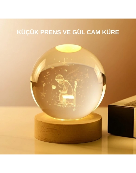 ® USB’li Küçük Prens Işıklı Cam Küre Ahşap Altlıklı Dekoratif Lamba