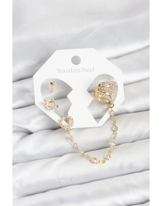 ® Uzay Model Pirinç Gold Renk Zincir Bağlantılı Ear Cuff Küpe Seti